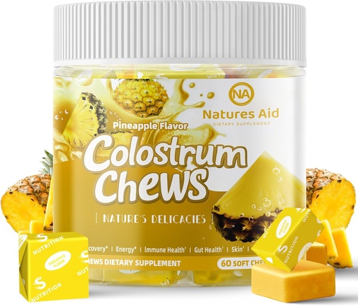 [BRSRAHYCAQMQY23F] Colostrum Chews Supplement with probiotics for Gut Health, Bloating, Immune Support, Skin, Hair Growth and Beauty - Pineapple Flavor (60 Servings)