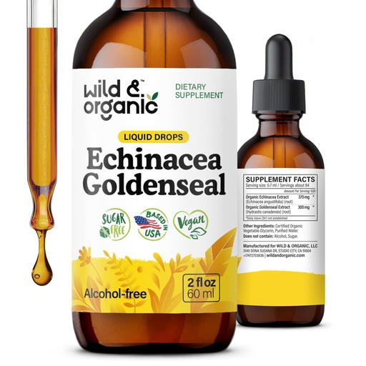 [BRSROY34CECBS3DF] Wild & Organic Echinacea Goldenseal Liquid Drops - Immune Support Supplement w/Goldenseal Echinacea Root Extract - Vegan, Sugar & Alcohol-Free Tincture - 2 fl oz