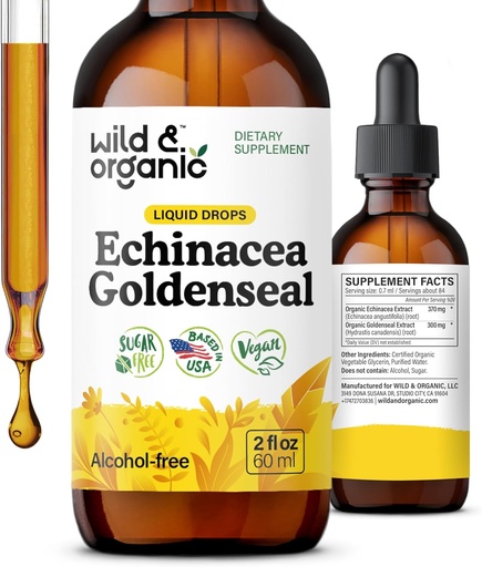 [BRSROY34CECBS3DF] Wild &amp; Organic Echinacea Goldenseal Liquid Drops - Immune Support Supplement w/Goldenseal Echinacea Root Extract - Vegan, Sugar &amp; Alcohol-Free Tintura - 2 fl oz