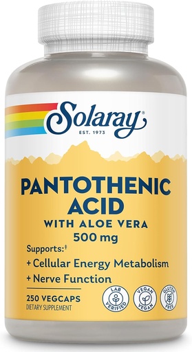 [BRSWIYT3OMAGI3YZ] SOLARAY Pantothenic Acid 500mg - Pantothenic Acid Supplement (비타민 B5) - Essential B Complex Vitamin - Nervous System 및 Cellular Energy Support - Vegan, Gluten Free, 60 일 Guaratee, 250 서빙