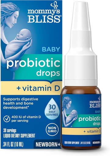 [BRSWKFA2DJ6GMFDE] Mommy's Bliss Baby Probiotic Drops + Vitamin D, Supports Digestive Health and Immunity, 400IU Vitamin D for Healthy Bone Development, Newborns +, Flavorless, 0.34 Fl Oz (30 Servings)