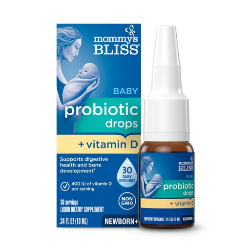 [BRSWKFA2DJ6GMFDE] Mommy's Bliss Baby Probiotics + Vitamin D Drops, Supports Digestive Health & Immune Function*, 400IU Vitamin D , Supports Bone Development*, Newborns+, Flavorless, 0.34 Fl Oz (30 Servings)