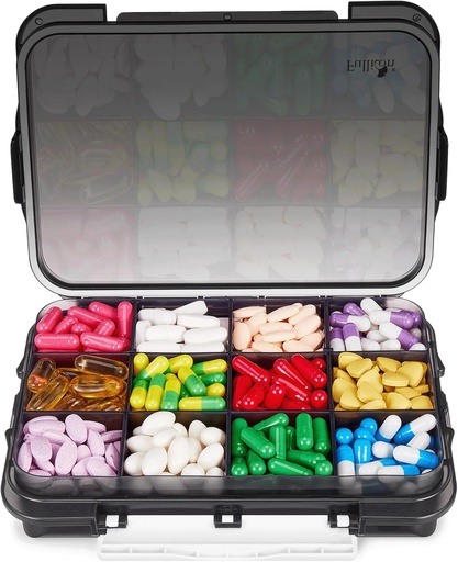 [BRSRAYYNA56B4CDF] Fullicon Daily Travel Moisture Proof Pill Case with 12 Extra Large Compartment, Pill Organizer with 3 Secured Buckles, Large Supplement Box for Vitamin with Removable Dividers (Black)