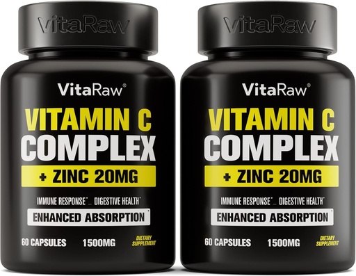 [BRSWYZAQBZ7AMF3V] Vitamin C Supplement 2 Pack (120 Veggie Capsules) - 1500mg with Zinc 20mg - Highest Absorption Vitamin C Immune Support Complex - Vitamin C Capsules & Zinc Vitamins for Adults, Vit C Immune Help Vegan