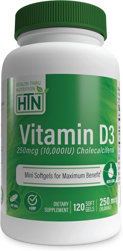 [BRSWKGYACN4RWE3M] Salud Thru Nutrición Vitamina D3 10,000iu 120 Mini Softgels for Maximum Benefit TEN 250mcg Cholecalciferol TEN 3rd Party Tested ANTE NO GMO USP Grado en EVOO OrgÃ©nico Silencioso Salud Apoyo