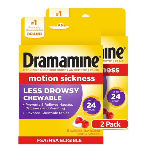 [BRSWGBQ7A4JWCHQ2] Dramamine Motion Sickness Less Drowsy, Chewables for Nausea Relief During Travel, Raspberry Cream Flavor, 12 Count, Pack of 2