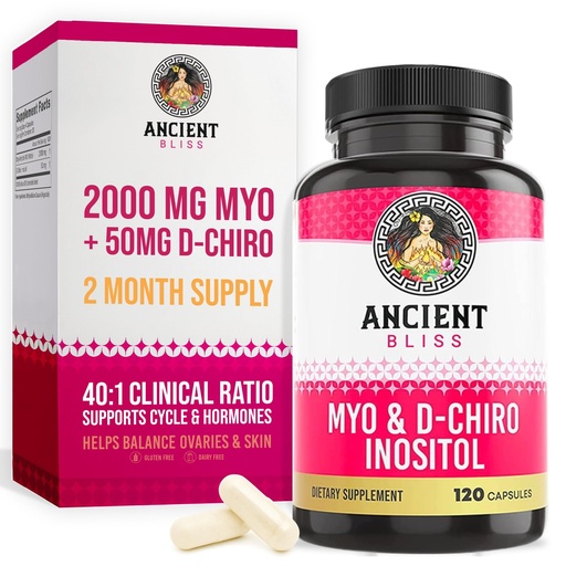 [BRSRMBQHDIIAYHI2] Ancient Bliss Myo & D-Chiro Inositol Supplement, 40 to 1 Ratio, Helps in Ovarian Function Support for Women, Vitamin B8 Helps to Regulate Menstrual Cycle, 2050mg per Serving, 120 Vegan Capsules