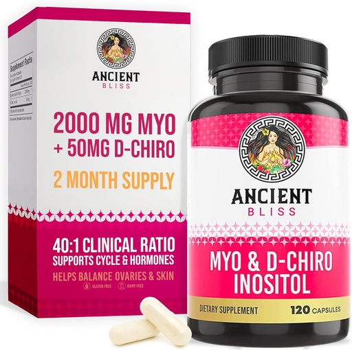 [BRSRMBQHDIIAYHI2] Myo & D-Chiro Inositol Suplement, 40 sampai 1 Rasio, Membantu dalam Dukungan Fungsi Ovarian untuk Perempuan, Vitamin B8 Membantu Regulate Siklus Menstrual, 2050mg per Serving, 120 Vegan Capsules