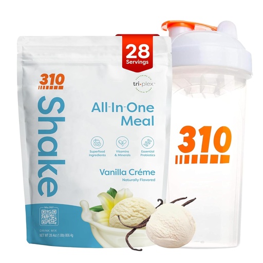 [BRSW2CD3BB7AIDTJ] 310 Nutrition All-in-One Meal Replacement Shake Powder w/Shaker Cup Starter Kit - High Protein Fiber Rich Vegan Superfood Blend - Sugar-Free, Keto & Paleo Friendly, Low Carb - Vanilla Creme 28 srv