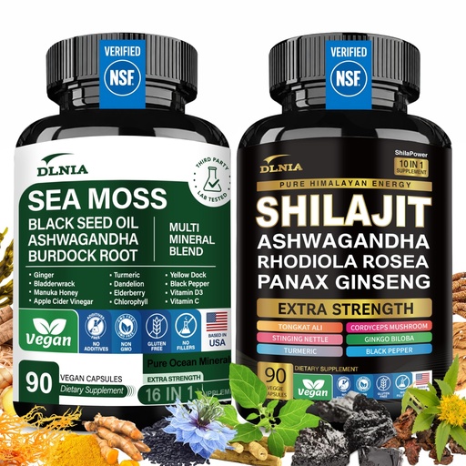 [BRSRAZYBBMMWC23X] DLNIA Shilajit 9000mg, Sea Moss 17500mg, Ginger & Black Seed Oil 4000mg, Ashwagandha 5000mg, Rhodiola Rosea, 1000mg Panax Ginseng 1500mg, All in 1 Supplement - Sea Moss & Shilajit Vitality Bundle