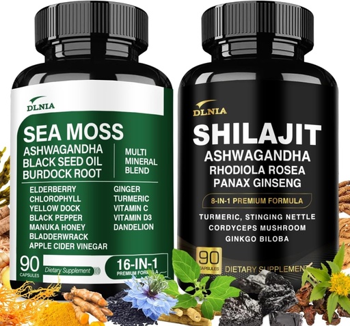 [BRSRAZYBBMMWC23X] Shilajit 9000mg, Sea Moss 17500mg, Ginger & Black Seed Oil 4000mg, Ashwagandha 5000mg, Rhodiola Rosea, 1000mg Panax Ginseng 1500mg, All in 1 Supplement - Sea Moss & Shilajit Vitality Bundle