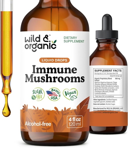 [BRSROY34BYBWC2DJ] Wild " Organic Immune Mushroom Tincture - 8-in-1 Immune Support with Chaga, Reishi, Turkey Tail, Lion’s Mane, Maitake Extract - Liquid Mushroom supplement - Vegan, Sugar " Alcohol-Free drops - 4 oz