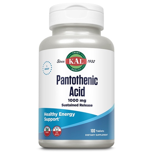 [BRSWIYQHDEGRU23U] KAL Pantothenic Acid 1000mg Supplement for Men & Women - Vitamin B5 1000 mg, Supports Cellular Energy Metabolism, Nerve Function, Sustained Release, Vegan - 100 Tablets