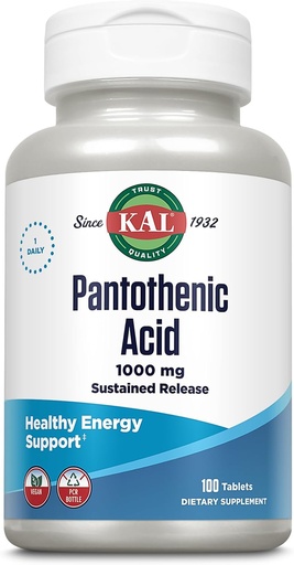 [BRSWIYQHDEGRU23U] Kal Pantothenic Acid 1000mg, Setrvalá uvolňování vitaminu B5 - Energetické doplňky - Podporuje metabolismus sacharidů, tuků a bílkovin, zdraví vlasů a kůže, Vegan, 60- denní záruka, 100 Servings, 100 tablet