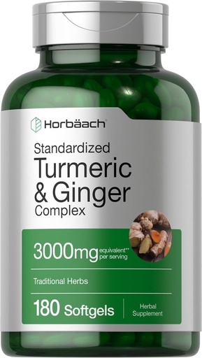 [BRSWYCADCEFAAC3A] Horbäach Turmeric and Ginger Supplement | 3000 mg 180 Softgel Pills | with Black Pepper Extract | Non-GMO, Gluten Free Supplement