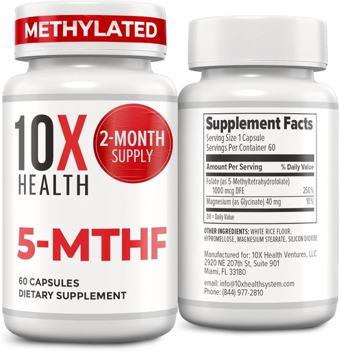 [BRSRAZYTBN4BEALX] 10X בריאות 5-MTHF Methylfolate - Methylated Folate & Magnesium עבור המוח, בריאות הלב, DNA ו Neurotransmitter Synthesis - bioavailable Methyl Folate - תוסף Methylfolate 60 קפסולות