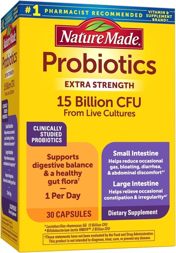 [BRSWKH32DJYBWAI4] Nature Made Probiotics for Digestive Health Extra Strength 15 Billion CFU from Live Cultures, Probiotics for Women and Men, 30 Probiotic Capsules, 30 Day Supply