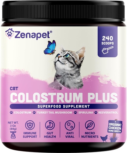 [BRSROBQHDN6RO2AV] ZENAPET Cat Colostrum Plus Premium Powder Topper, Immune & Digestive Health Supplement, 240 Servings (8-Month Supply), Supports Skin & Coat, Made in USA