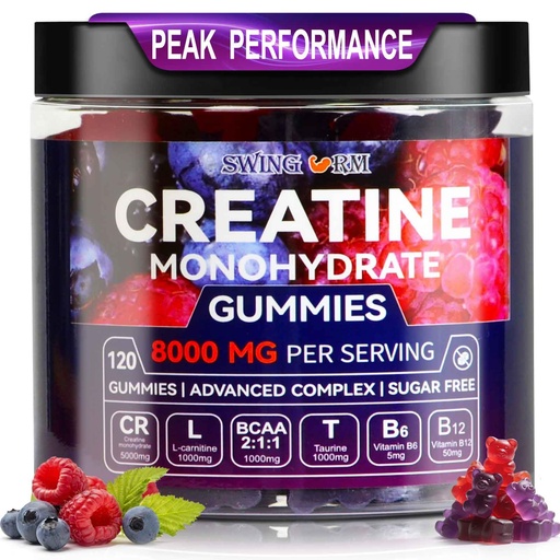 [BRSRAGQRBF5BA23L] Swing Arm Creatine Monohydrate Gummies 8000 mg for Men & Women, 120 Creatine Gummies for Muscle Growth, Strength & Recovery, Sugar Free Pre-Workout Supplement - Raspberry & Blueberry Flavor