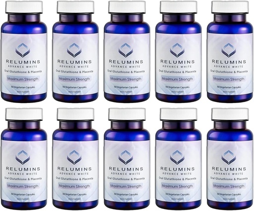 [BRSWIEDQBIBWYD3U] Relumins Advanced White Glutathion Capsules - Max Strength Brightening Supplement met ALA, Placenta, Rose HIPS & Vitamine C - Bestrijdt oxidatieve stress, ondersteunt Collageen & Made in USA - 10 flessen
