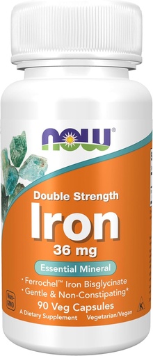 [BRSWIFAQBQOGEGDK] Now Supplements, Iron 36 mg, Double Strength, Non- Constipating *, Essential Mineral, 90 Veg kapszula