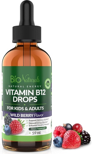 [BRSWGZD6OECAME3H] Bio Naturals Vitamin B12 Liquid Drops for Adults & Kids - 100% Natural Sublingual Methylcobalamin - Highest Absorption - Energy & Brain Booster Helps with Fatigue & Weakness - Wild Berry - 2 fl oz