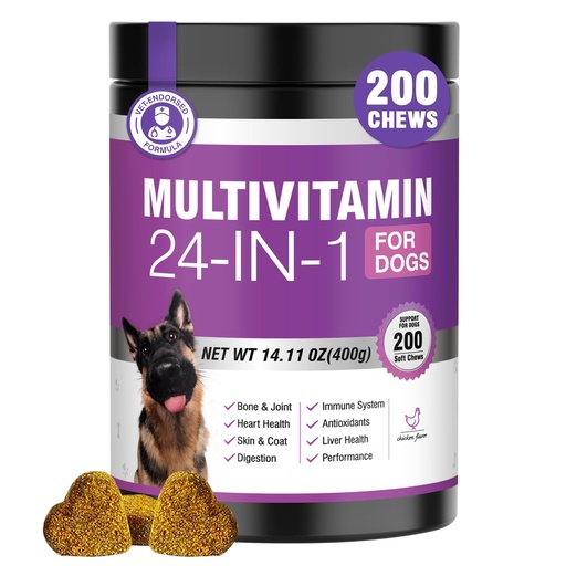 [BRSREYIRBMHR4YDU] 24-in-1 Dog Vitamins and Supplements 200 Ct Dogs Multivitamin Chewable Contain Chondroitin Probiotics Omega-3 Glucosamine for Dogs Skin Coat Heart Joint Gut Liver Brain Eyes Immune Support - Chicken