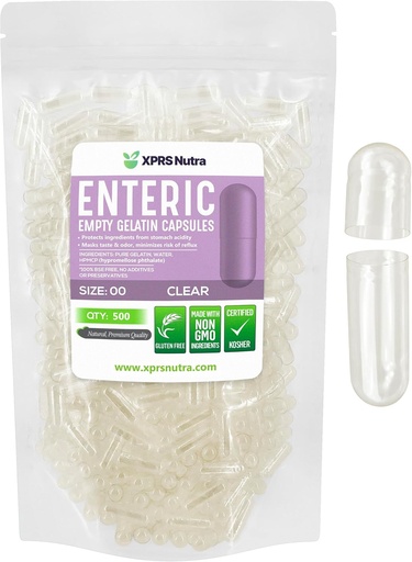 [BRSRAYY6OAMR4ETX] XPRS Nutra Size 00 Empty Capsules - 500 Count Clear Enteric Coated Empty Gelatin Capsules - Delayed Release Pills - DIY Capsule Filling - Pure Bovine Empty Enteric Gel Caps