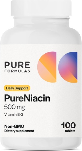 [BRSROBTYAF7QYGQ6] PureFormulas Pure Niacin - Витамин B3, 500 мг Немедленное высвобождение Ниацин 500 мг - Никотиновая кислота 100 таблеток - Не-ГМО витамины B3 Ниацин