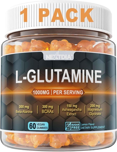 [BRSRAAACOINQ4HL2] L-Glutamine 1000mg Gummies for Women & Men| with Beta-Alanine, BCAAs, Magnesium Glycinate, Potassium & Ashwagandha | Vegan | Sugar-Free & Extra-Chewy | 60 Counts