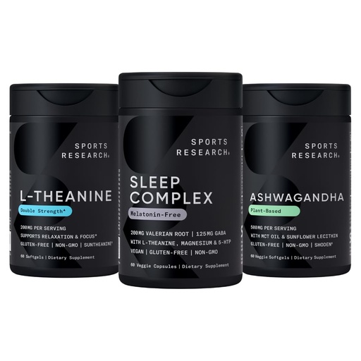 [BRSRAHQFCN5A2DT4] Sports Research® De-Stress & Sleep Bundle - Melatonin-Free Sleep Complex, Double Strength L-Theanine Supplement and Ashwagandha Softgels with Coconut MCT Oil for Relaxation, Calm & Sleep Support