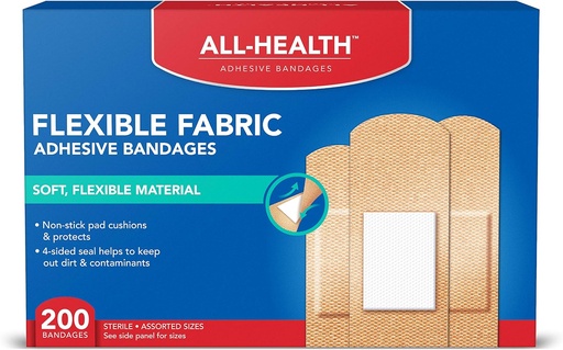 [BRSWGFTYAF4B6E3K] All Health Adhesive Fabric Bandages, 200 Count Asdied Sizes PHAR124; Soft, Flexible Material PHAR124; Protection for First Aid and Wound Care