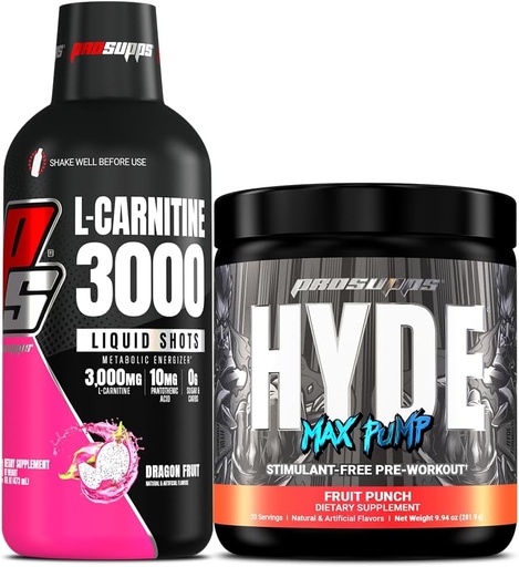 [BRSRAHAQO4BRYGQV] PROSUPPS L-Carnitine 3000 Stimulant Free Liquid Shots (Dragon Fruit) y Hyde Max Pump Pre Workout para Hombres y Mujeres (Fruit Punch) Bundle