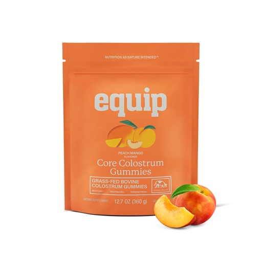 [BRSRAZL6A4NWOCLO] Equip Foods Core Bovine Colostrum Gummies, Delicious 1g Per Seving Grass Fed Colostrum Supplement - Gut Health, Immunity, Recovery, Hair & Skin - 60 Bovine Colostrum Gummies, 30 Servings, Peach Mango