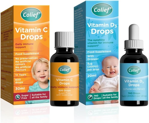 [BRSW2CYBBMNQ2DLF] Colief Immune Support Bundle Contains Vitamin D 3 Drops | Liquid Vit D3 Supplement for Babies from Birth | 0.67 Fl Oz Vitamin C Drops for Babies | Infants Age +1 | 600 Drops