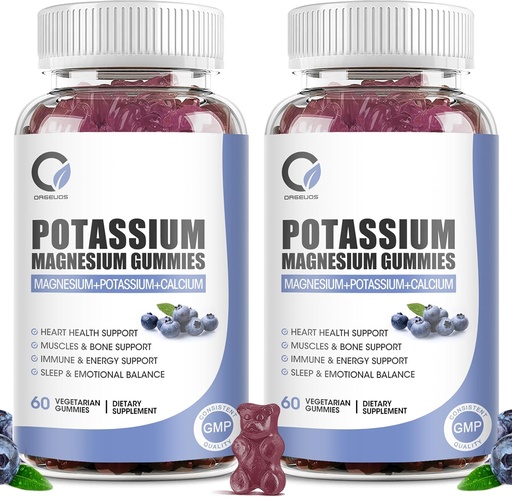 [BRSROGA7OF5RSE3P] 2 Pack Potassium Magnesium Gummies with Potassium Ctrate 200 mg, Magnesium Glycinate 320 mg Plus Calcium, Zinc, Vitamin - Potassium Supplements for Leg Cramps, Heart, Muscles Health Support