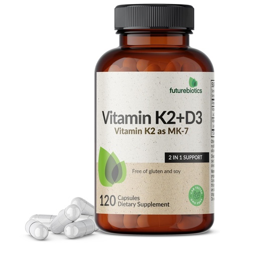 [BRSWGADROQNWEAIU] Futurebiotics Vitamin K2 (MK7) with D3 Supplement - Non-GMO Formula - 5000 IU Vitamin D3 & 90 mcg Vitamin K2 MK-7, 120 Vegetarian Capsules