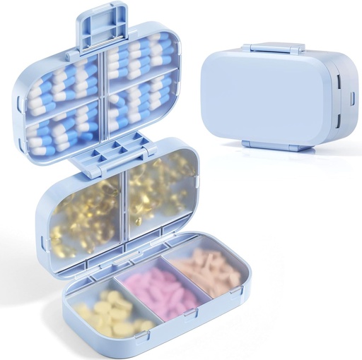 [BRSRAGIPAF5WYHQ4] MEACOLIA Tripla pieghevole Pill Organizer, 9 scomparti Travel Pill Case con grande capacità, Scatola Pillola Quotidiano Piccolo contenitore per la vitamina, olio di fegato di Cod, ingredienti (blu)