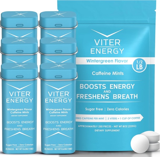 [BRSW2HY3OQFBEGQ6] Viter Energy Original Caffeine Mints Wintergreen Flavor 6 Pack and 1/2 Pound Bulk Bag Bundle - 40mg Caffeine, B Vitamins, Sugar Free, Vegan, Powerful Energy Booster for Focus and Alertness