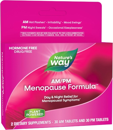 [BRSWIYTQAV5AMHLE] Suplemen Nature 's Way AM / PM Menopause untuk Perempuan, Hot Flash Relief *, Night Sweats *, Refulful Sleep *, Mood Swings *, Formulas Bebas dengan Black Cohosh, Theanine, Valerian, 60 Tablet