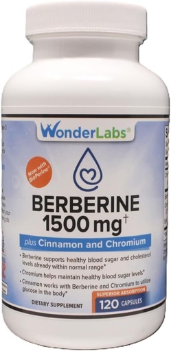 [BRSWECQ2OIHRQ2DH] Wonder Laboratories Surperior Absorption Berberina HCL 1.500mg + Cannella, Cromo e BioPerine Manutenzione per Glucose, Cuore e Sistema Immune Salute Gluten & OGM Libero - 120 capsule
