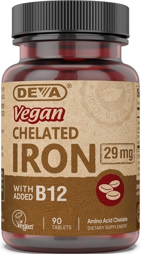 [BRSWIZYQC56BMDTU] DEVA Vegan Chelated Iron with Added Vitamin B-12, Dietary Supplement, 29 mg, 90 Count