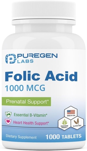 [BRSROGI5DMHWKDYY] Puregen Labs Ácido Fólico 1000 mcg Comprimidos □ Vitamina B9 □ Não-OGM □ Gluten Free □ Made in USA Tamanho 1000 Comprimidos
