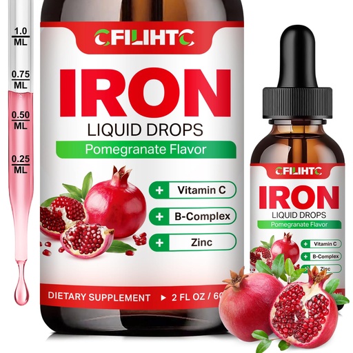 [BRSRAHYHBEIRYAD6] Liquid Iron Supplement for Women Men & Kids Multivitamin Iron Drops with Folate, Vitamin C, B6, B12, Zinc for Anemia, Iron Deficiency, Blood Builder, Energy - Natural Pomegranate Flavor, Vegan 2 Fl Oz