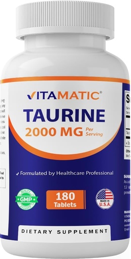 [BRSRAEL4CIBRS2T2] Vitamatic Taurine 2000mg Vegetarian Tablets, 180 Count, Non-GMO, Gluten Free