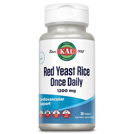 [BRSWIYQTPIEBWFL4] KAL Red Yeast Rice Once Daily 1200mg, Cardiovascular Support* Supplement with Naturally Occurring Unsaturated Fatty Acids, Amino Acids & Phytonutrients, Vegan, Gluten Free, 30 Servings, 30 Tablets
