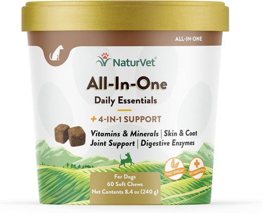 [BRSWIHQPBUDGEDDK] NaturVet All-in-One Dog Supplement - for Joint Support, Digestion, Skin, Coat Care – Dog Multivitamins with Minerals, Omega-3, 6, 9 – Wheat-Free Vitamins for Dogs – 60 Soft Chews