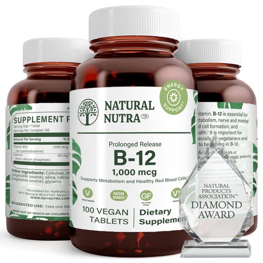 [BRSWKFIMB4HWCHLM] Natural Nutra Vitamin B12 1000 mcg, Promote Heart & Nerve Health, Cobalamin B12 Supplement, Calcium Phosphate, Help in Metabolism Health, Optimal Absorption, Gluten Free, Sugar Free, 100 Vegan Tablets