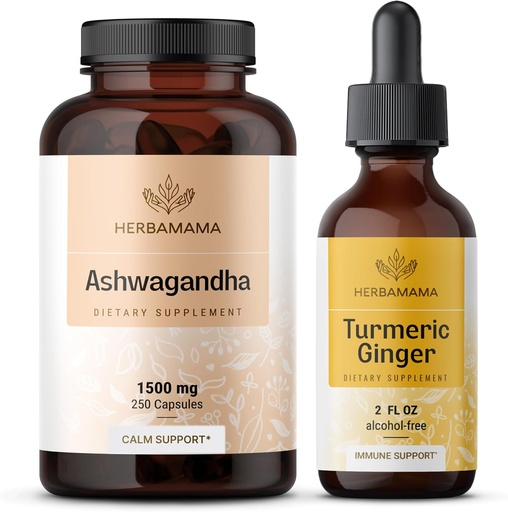 [BRSRAGIZOUFBOADL] HerBAMAMA Ashwagandha y kit de jengibre tormérico - Agrupo de 1500 mg Ashwagandha Root Capsules " Turmeric Ginger Tincture 2 fl oz - Vegan, No GMO, Azúcar " Sin alcohol - 2 Pack
