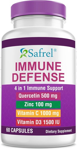 [BRSW2BICOYIRMALX] Safrel Strong Immune Support, Quercetin 500 mg, Zinc Picolinate100 mg, VitamatiC 1000 mg, Vitamin D3 1000 IU, 60 Capsules, 1 Month Supply | Made in USA | Vegan